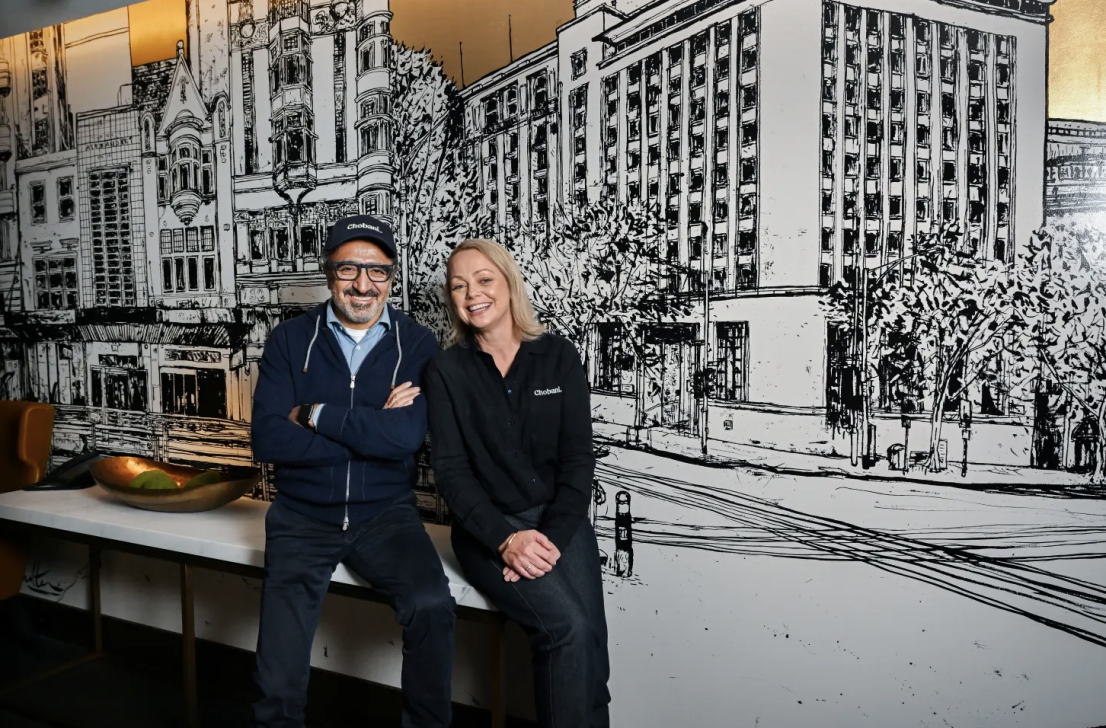 Chobani founder and chief executive Hamdi Ulukaya with Australian managing director Lyn Radford in Melbourne this month