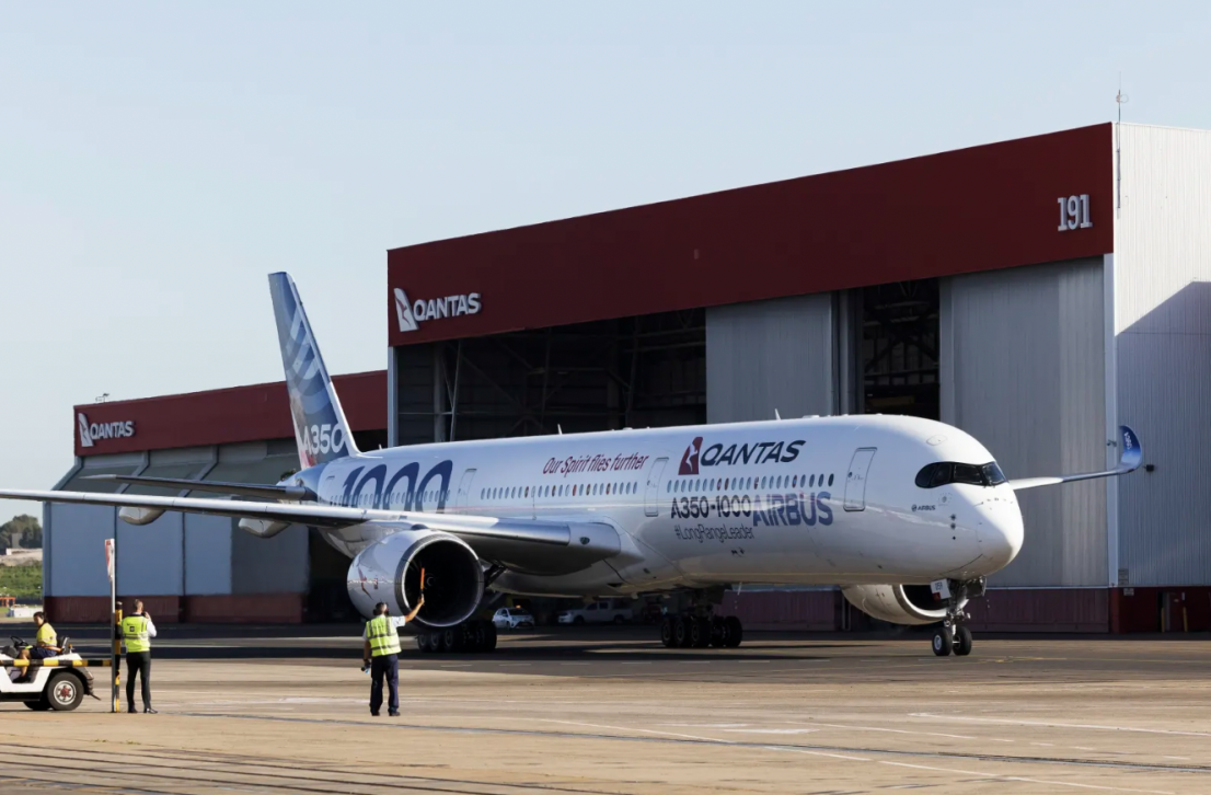 An Airbus-owned A350-1000 at Sydney Airport for the announcement of Qantas’ mega-deal for a dozen of the jets to operate ultra-long haul routes. 